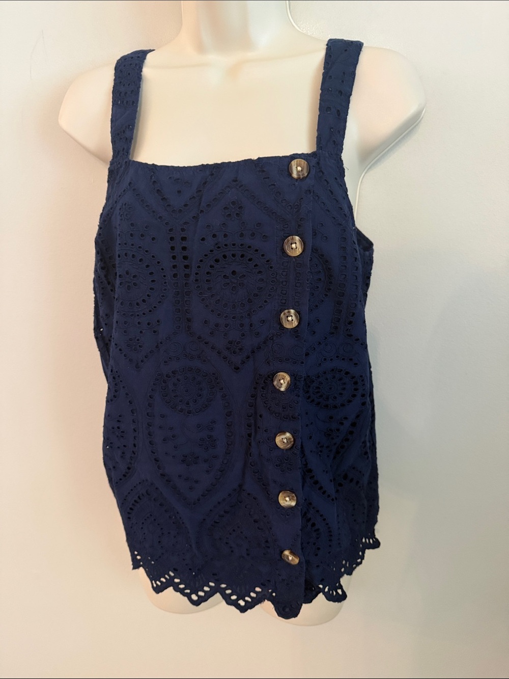 crown & ivy Navy Eyelet Button-Front Tank Cotton Size Small